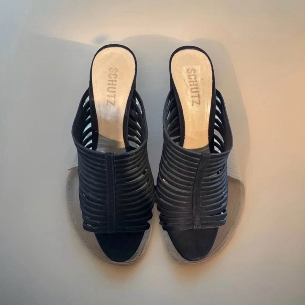 SCHUTZ Black Strappy Open-Toe Mules